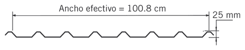 Sección del perfil TR-101: ancho efectivo de 100.8 cm, peralte de 25 mm.