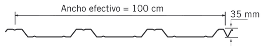 Sección del perfil TRN-100: ancho efectivo de 100 cm, peralte de 35 mm.